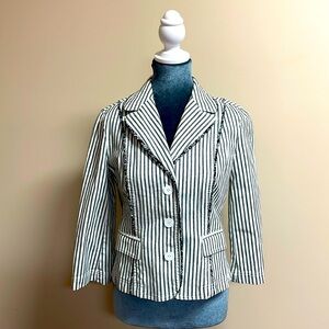 LOFT Blazer Cream Black Stripe Raw Hem 3 Button Front Casual Women's Size 6P